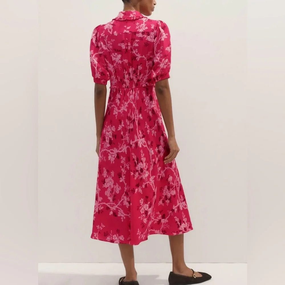 ME+EM 2 Modern Botanical Print Midi Dress Raspberry Red EUC Floral Short Sleeve - Picture 5 of 16